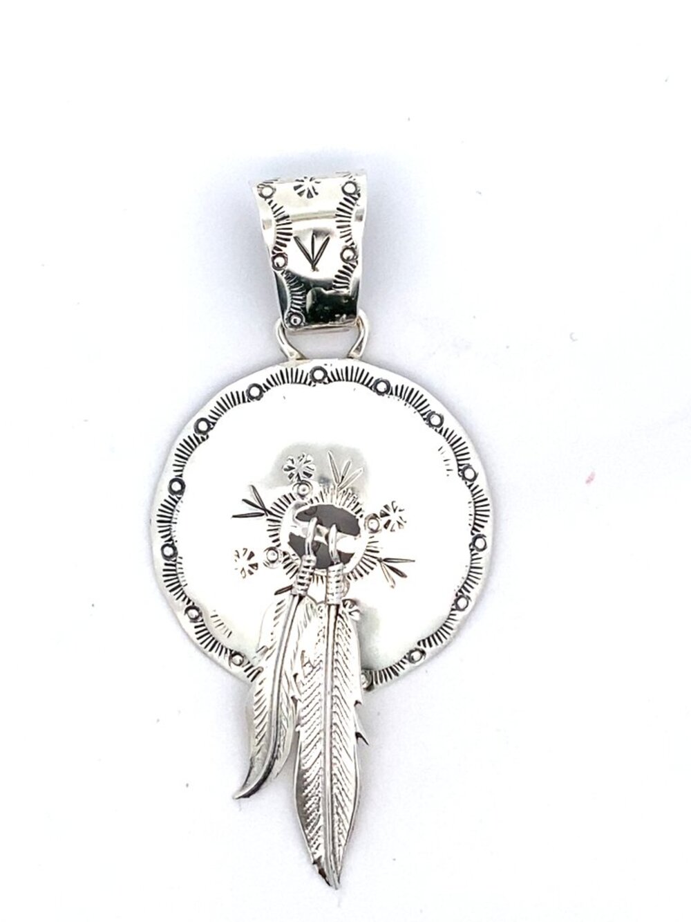 Running Bear Sterling Silver Circle Feather Pendant